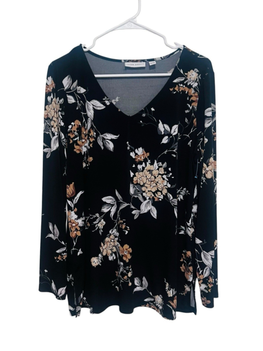 Susan Graver Liquid Knit Tunic Top Size Large Black Brown Floral Stretch